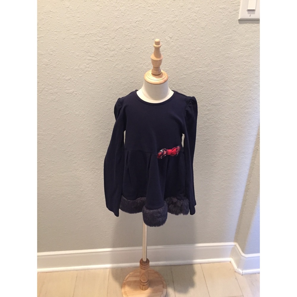 Janie and Jack Girls Navy Blue Faux Fur Trim Plaid Bow Dress Size 8 Long Sleeve
